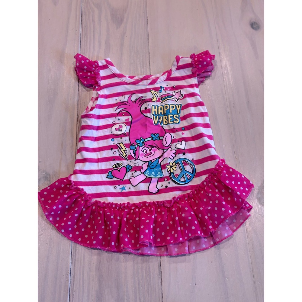 DreamWorks Trolls Poppy Happy Vibes Pink Striped Ruffle Tunic Top Girls 4T